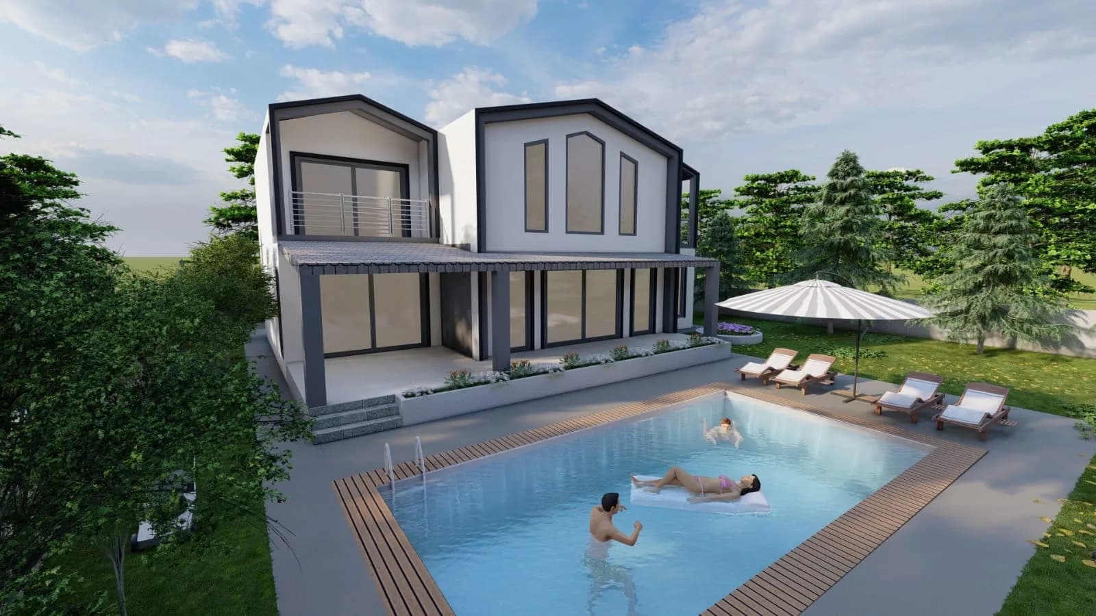 İkiz villa projesi, ortak havuz yerleşimi — 3B görselleştirme