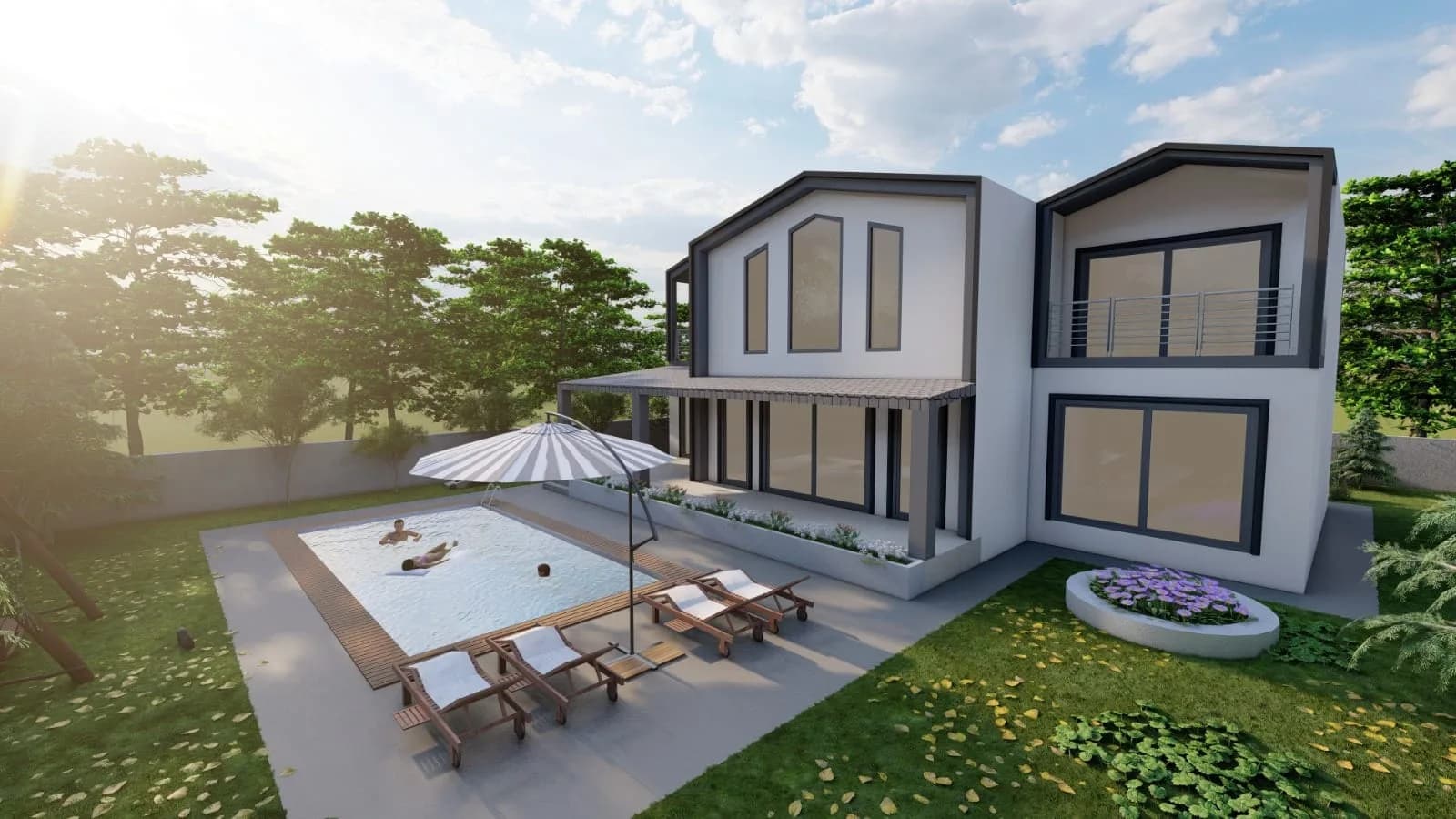 İkiz villa teras ve bahçe düzeni — 3B görselleştirme