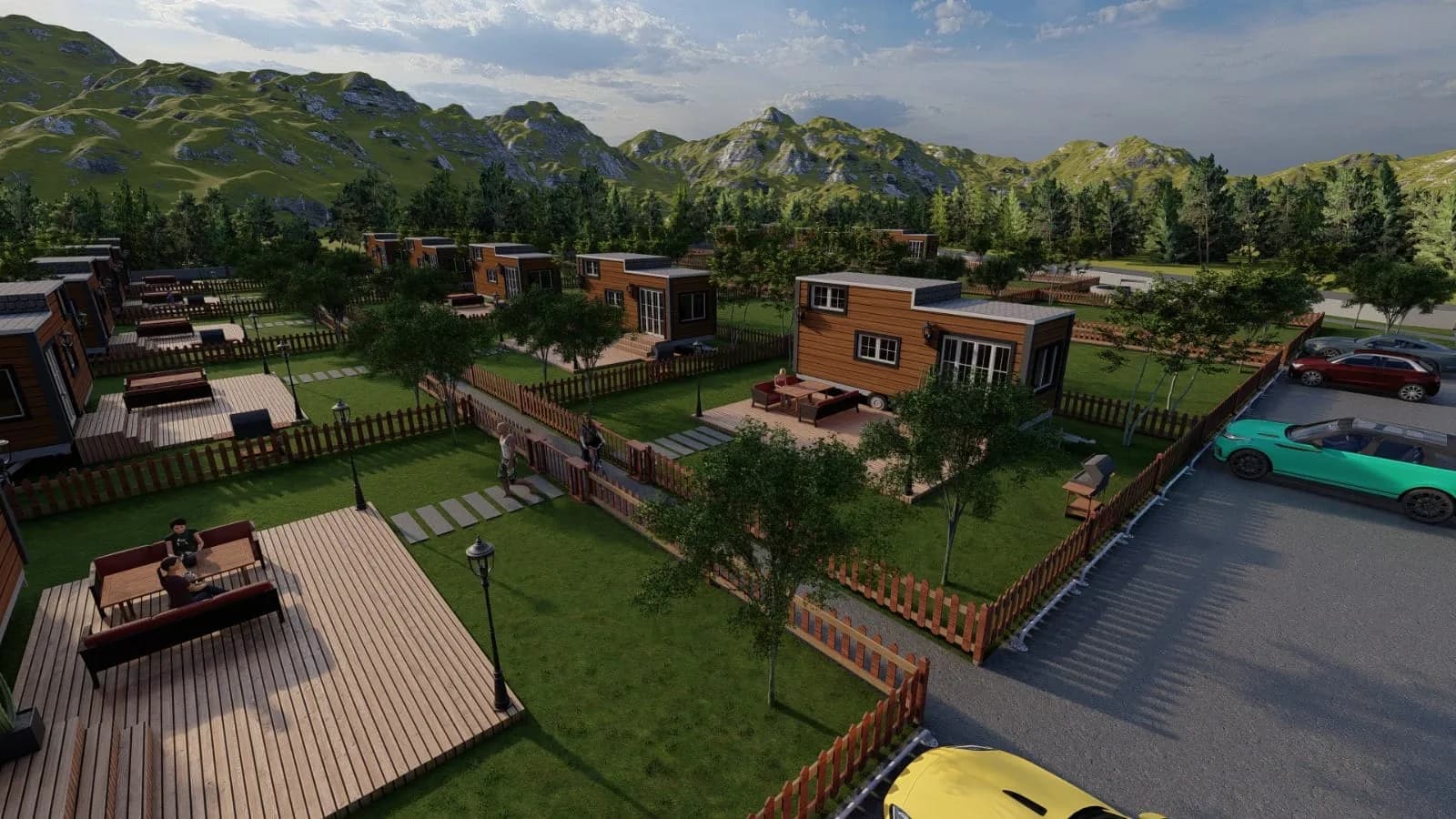 Tiny house yerleşimi, havadan görünüm — 3B görselleştirme