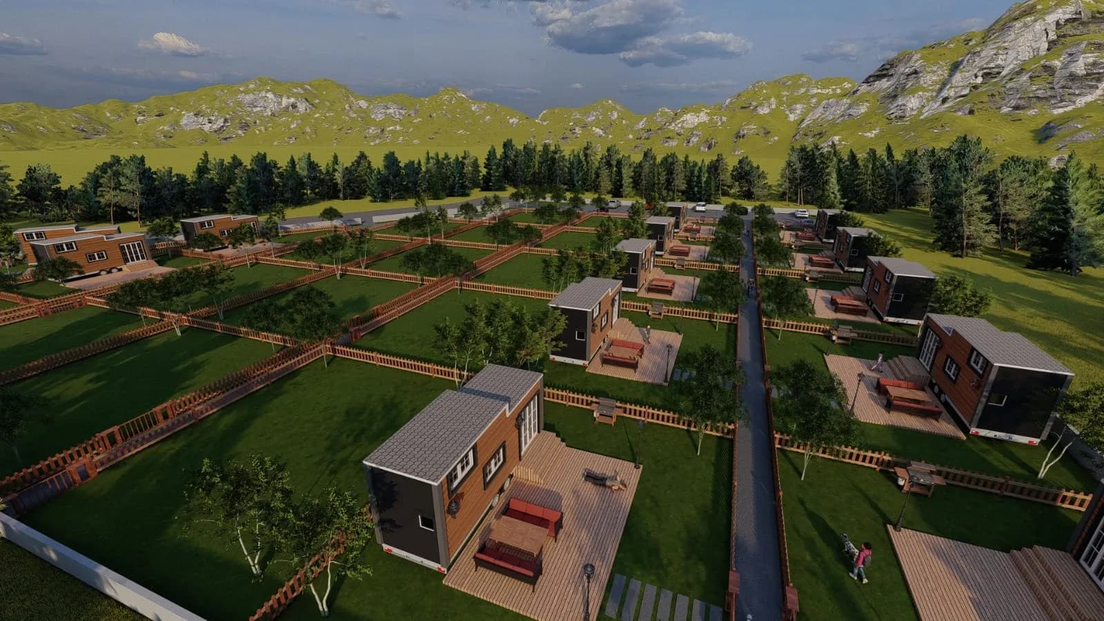 Tiny house sitesi, ünite yerleşimi — 3B görselleştirme