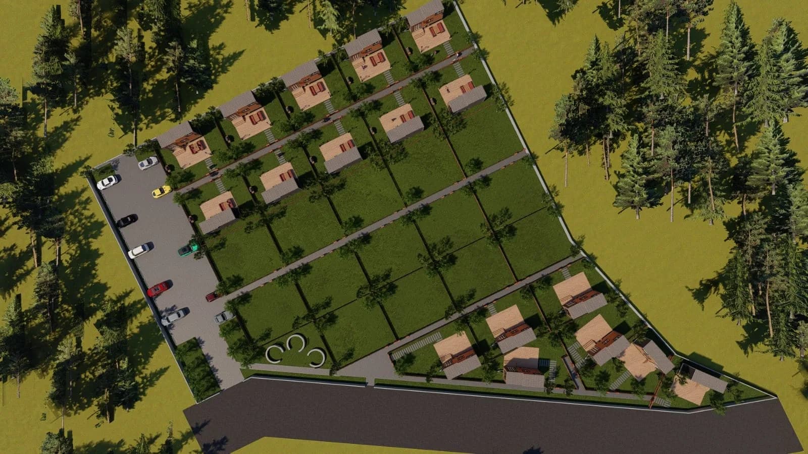 Tiny house arsa yerleşim planı — 3B görselleştirme